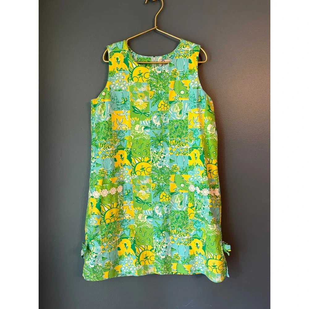Vintage Lilly Pulitzer Girls Green Yellow Koala Patchwork Shift Dress Size 14